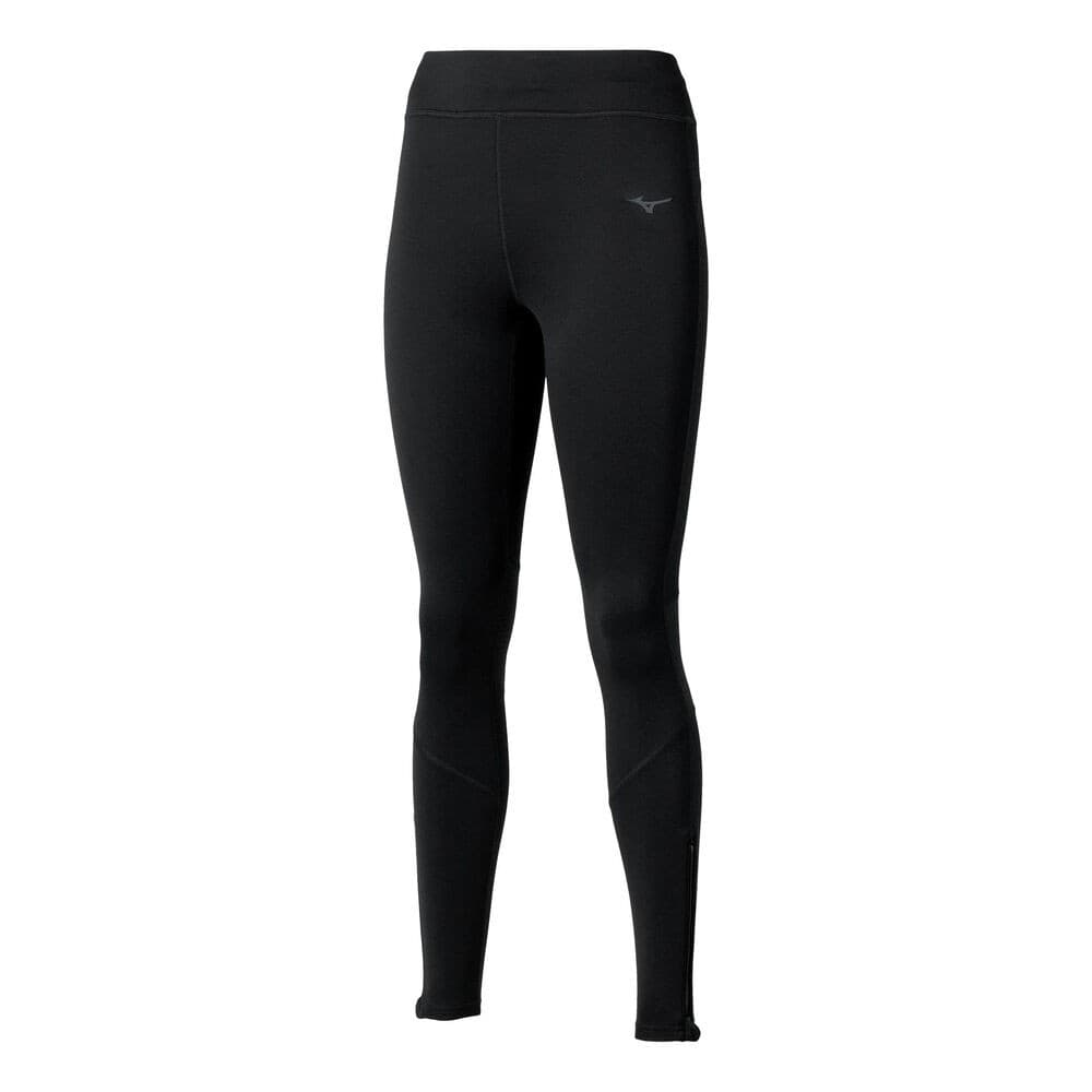 Black Mizuno Active Warmalite long tights for women, featuring a sleek design, stretchy material, and a comfortable fit, available in size XL.
