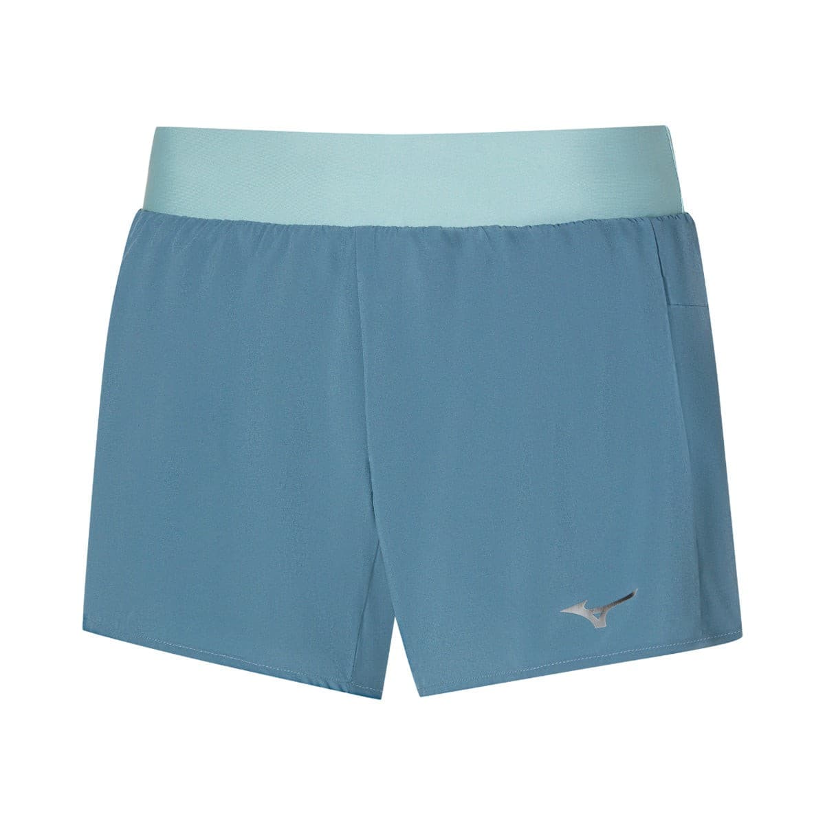 Light blue Mizuno Alpha 4.5" women's shorts featuring a soft waistband, lightweight fabric, and a small logo on the lower left side.