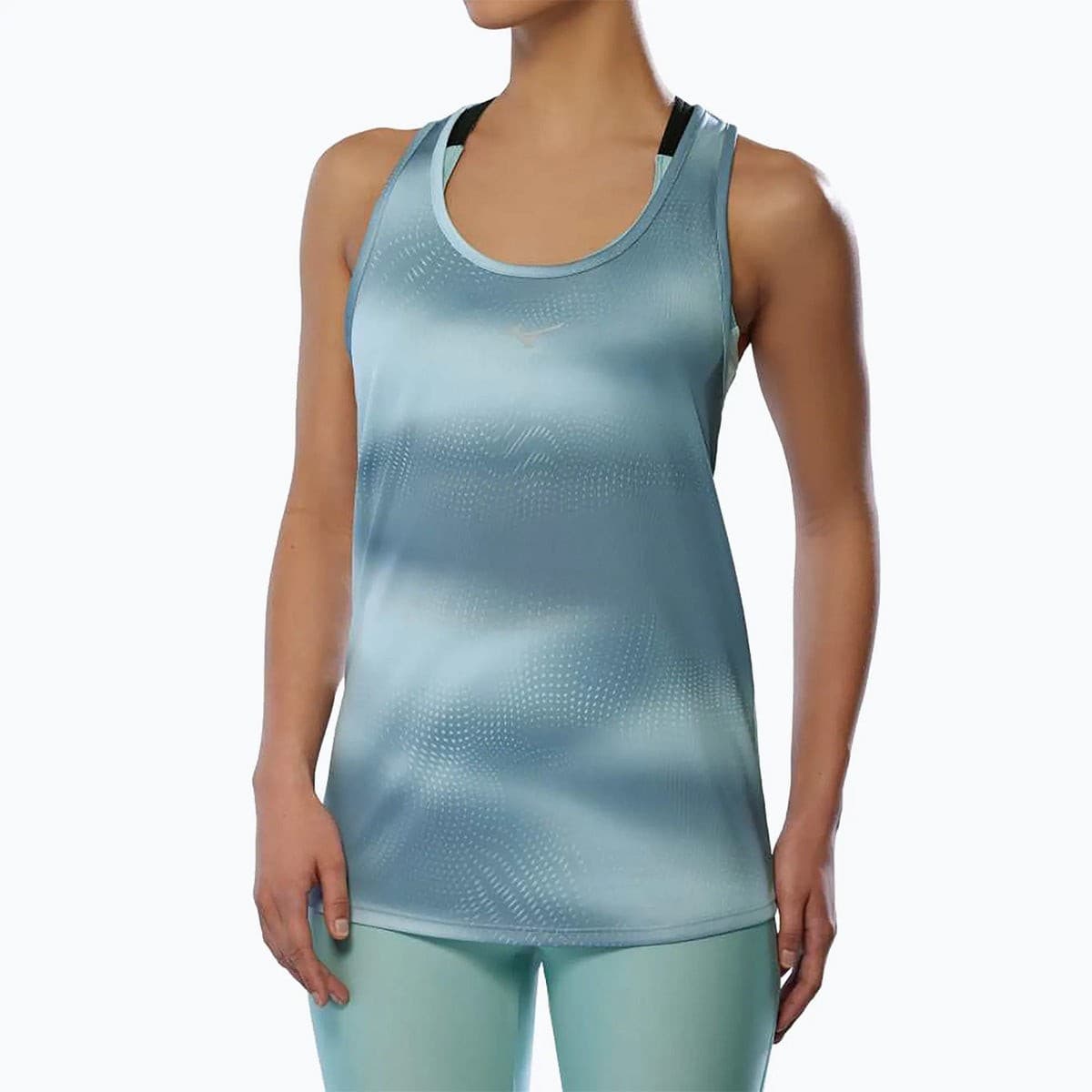 Light blue women's tank top by Mizuno, featuring a smooth, moisture-wicking material with a subtle graphic pattern and a racerback design for enhanced mobility.