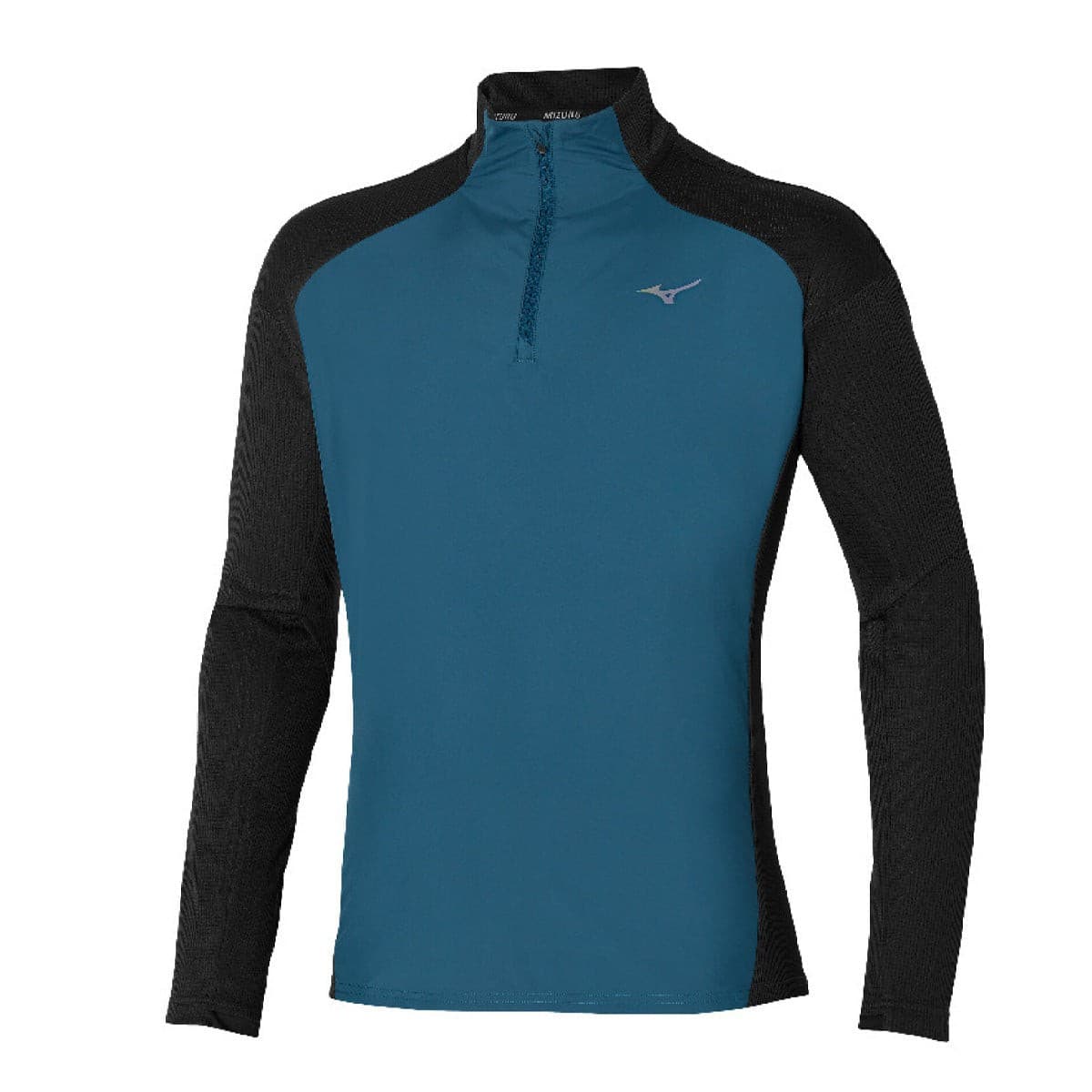 Mizuno men's hybrid long-sleeve tee in black and blue wing teal, featuring a quarter-zip collar and long sleeves, made from breathable material for comfort.