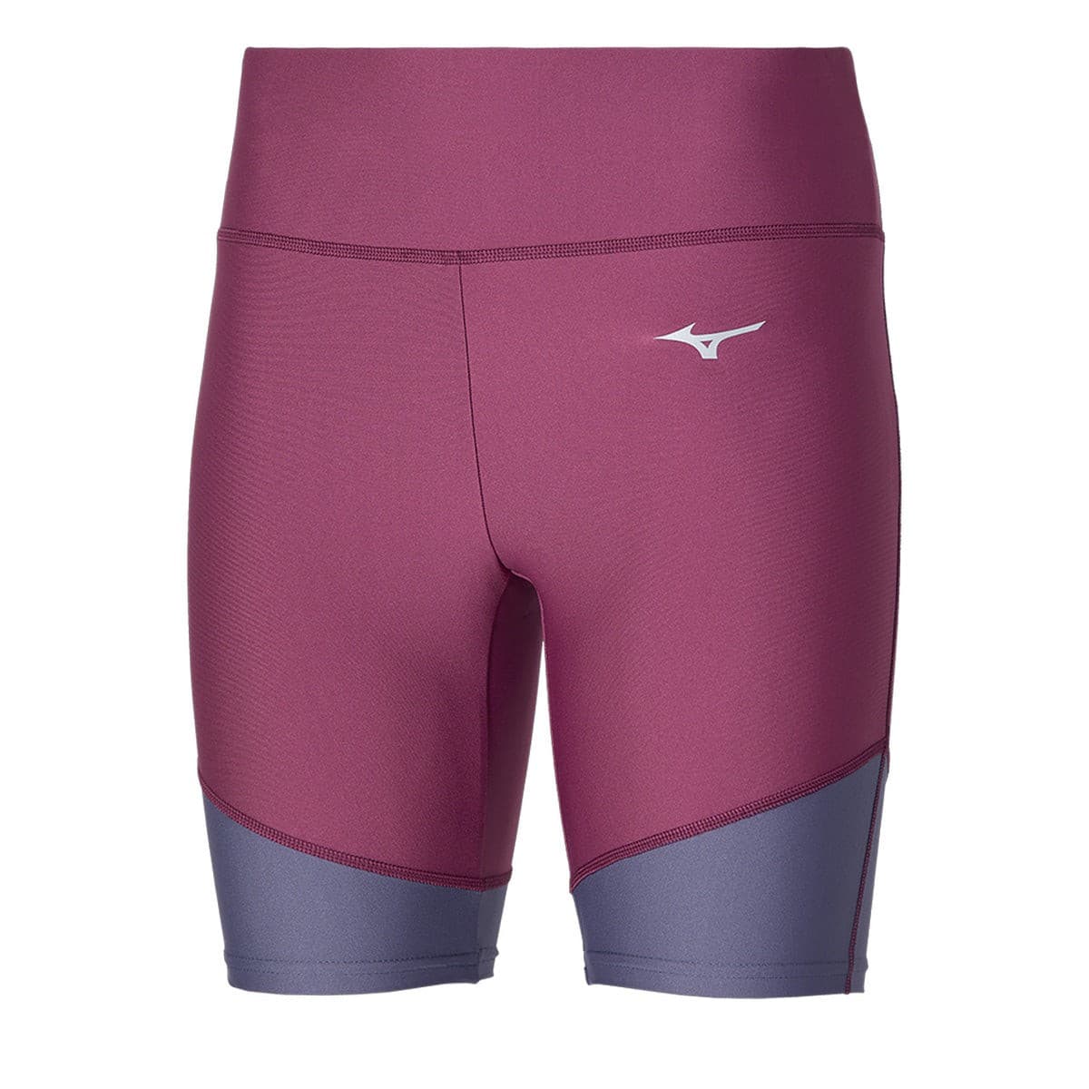 Violet quartz mid tights for women by Mizuno, featuring a sleek design with a contrasting gray panel and a comfortable waistband, made from stretchy, breathable material.