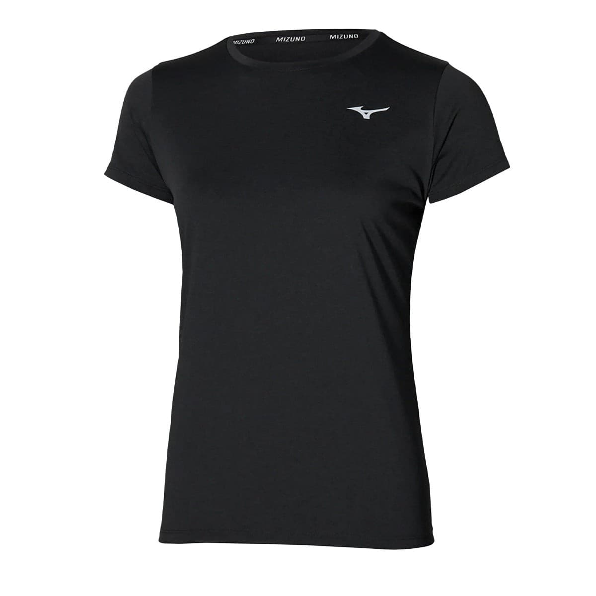 Black Mizuno Impulse Core Tee for women, featuring a crew neckline, short sleeves, and a subtle Mizuno logo on the chest, made from lightweight, breathable material.