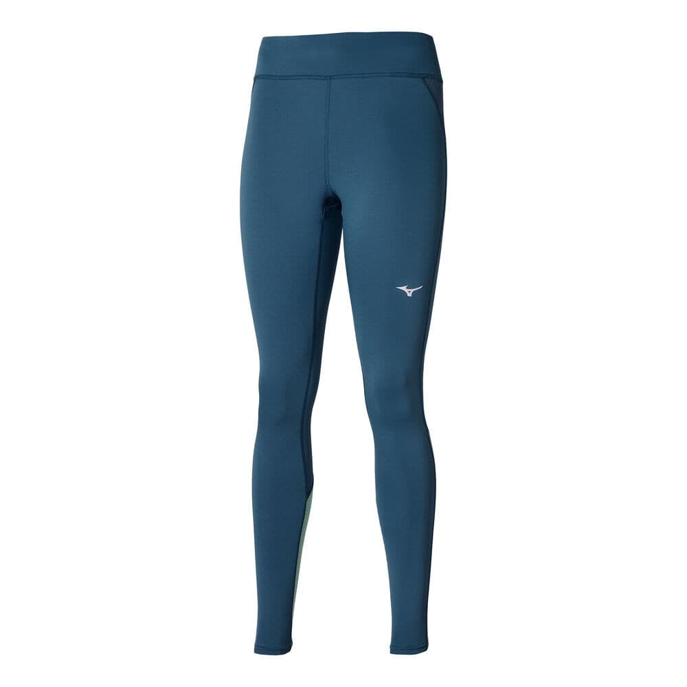 Mizuno Warmalite women's tights in Blue Wing Teal, featuring a smooth, stretchy fabric, high waistband, and a subtle logo on the left thigh.