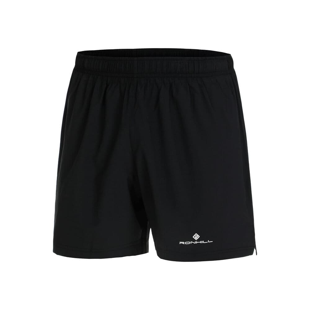 Black running shorts made from lightweight material, featuring an elastic waistband and a small Ronhill logo on the front.