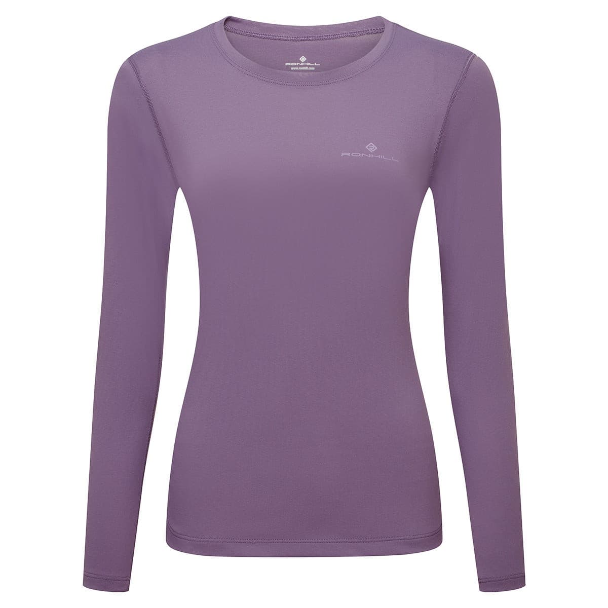 Long-sleeve women's tee in dark iris purple, made from lightweight material, featuring a round neck and subtle Ronhill logo on the chest. Size M.