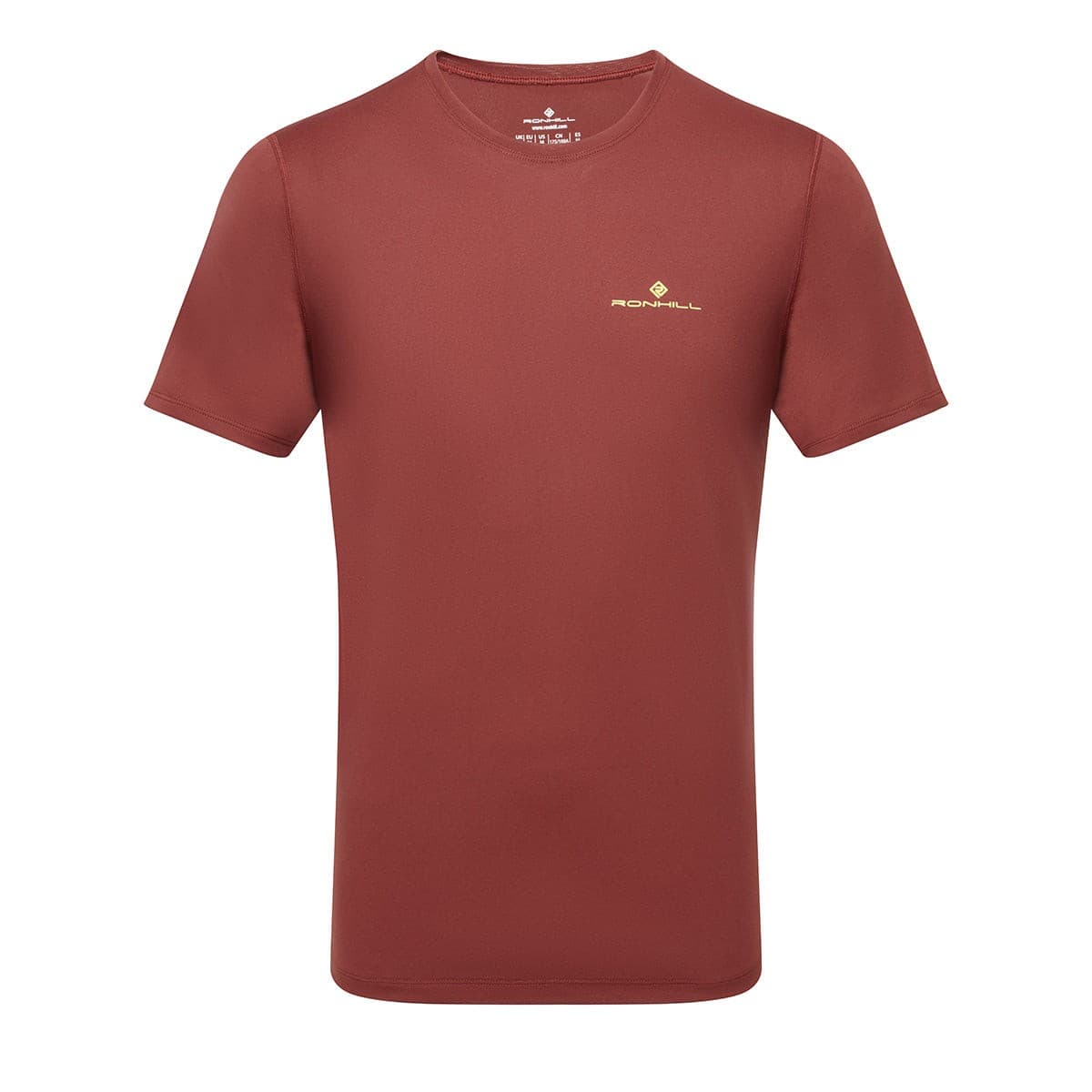 Chestnut short sleeve tee for men by Ronhill, featuring a crew neck, lightweight fabric, and a small gold logo on the chest, available in XXL size.