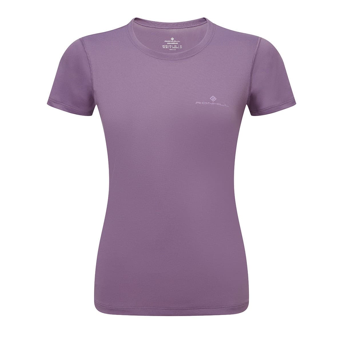 Short sleeve women's tee in dark iris purple, made from lightweight material, featuring a fitted design and Ronhill logo on the chest. Size XL.