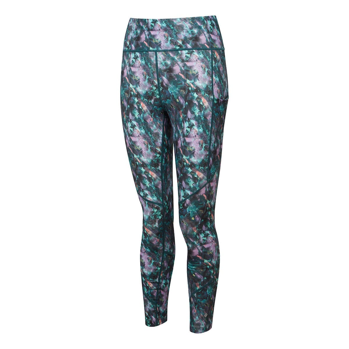 Multi-colored crop tights in a floral pattern featuring shades of green, purple, and blue, made from a stretchy material with a sleek fit and a side pocket.