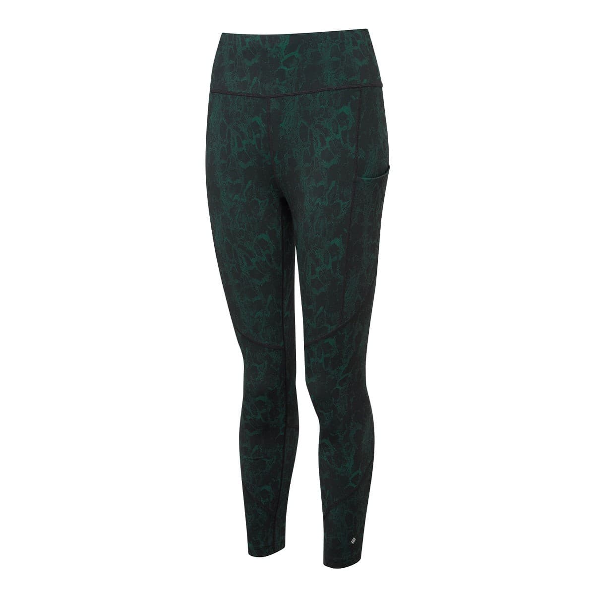 Green crop tights with a textured seaweed medusa pattern, featuring a high waistband and a side pocket, designed for women's activewear by Ronhill.