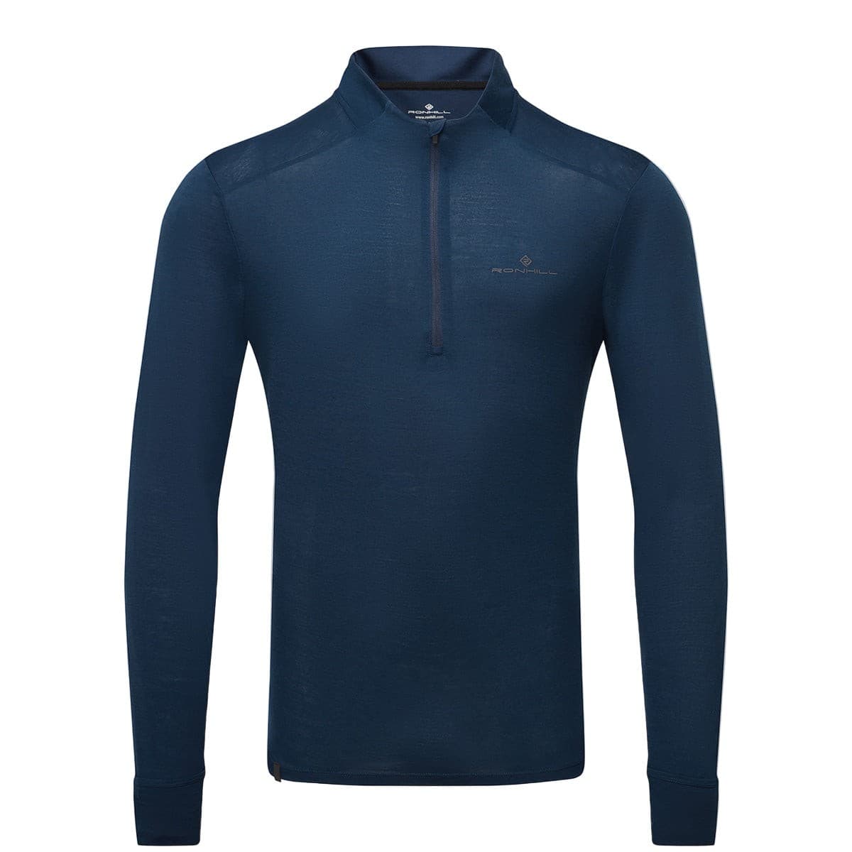 Dark navy long-sleeve 1/2 zip shirt made of merino wool, featuring a subtle logo on the chest and a high collar for warmth, suitable for men's activewear.