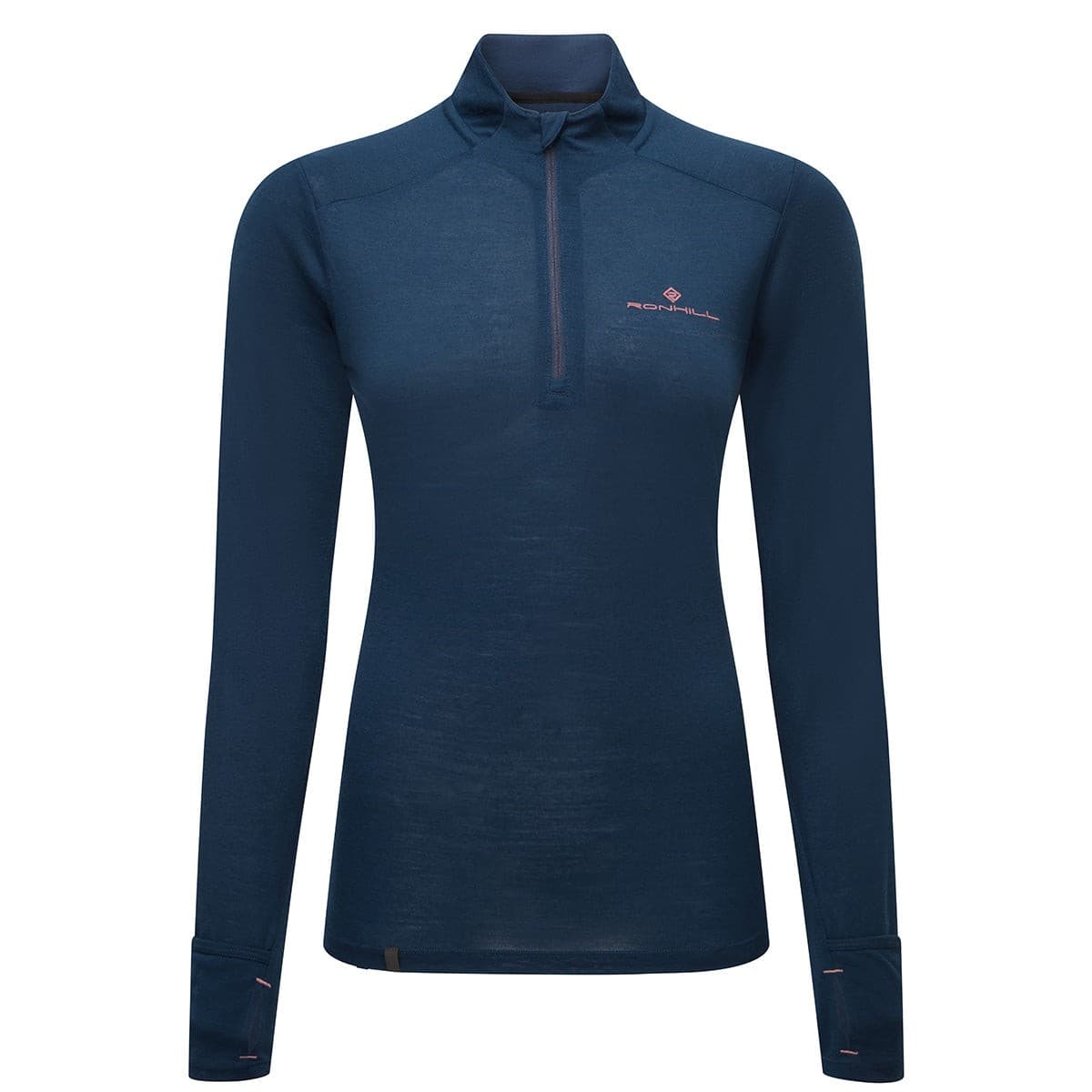 Dark navy long-sleeve women's top with a half-zip collar, made from merino wool, featuring a subtle Ronhill logo and dusty tulip accents.