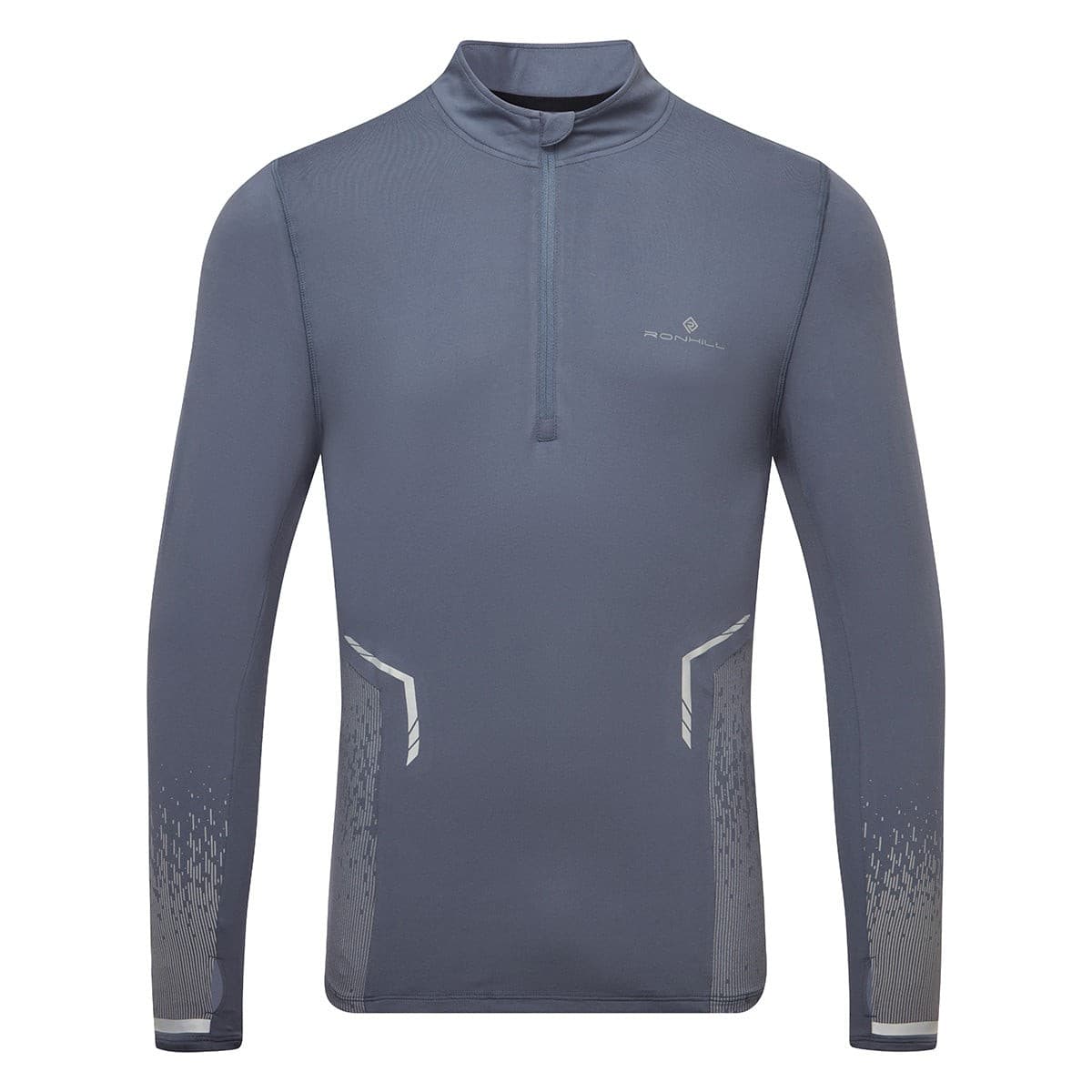 Light grey long-sleeve half-zip top with reflective accents, featuring a slim fit and breathable fabric, ideal for running or outdoor activities.