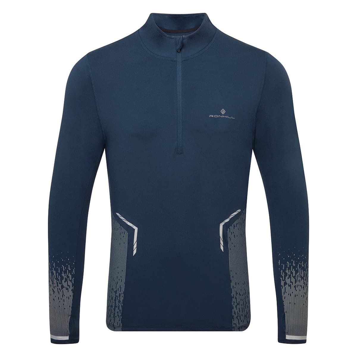 Dark navy long-sleeve half-zip running top with reflective accents, featuring a high collar and subtle gradient pattern on the sleeves, made from lightweight, moisture-wicking material.