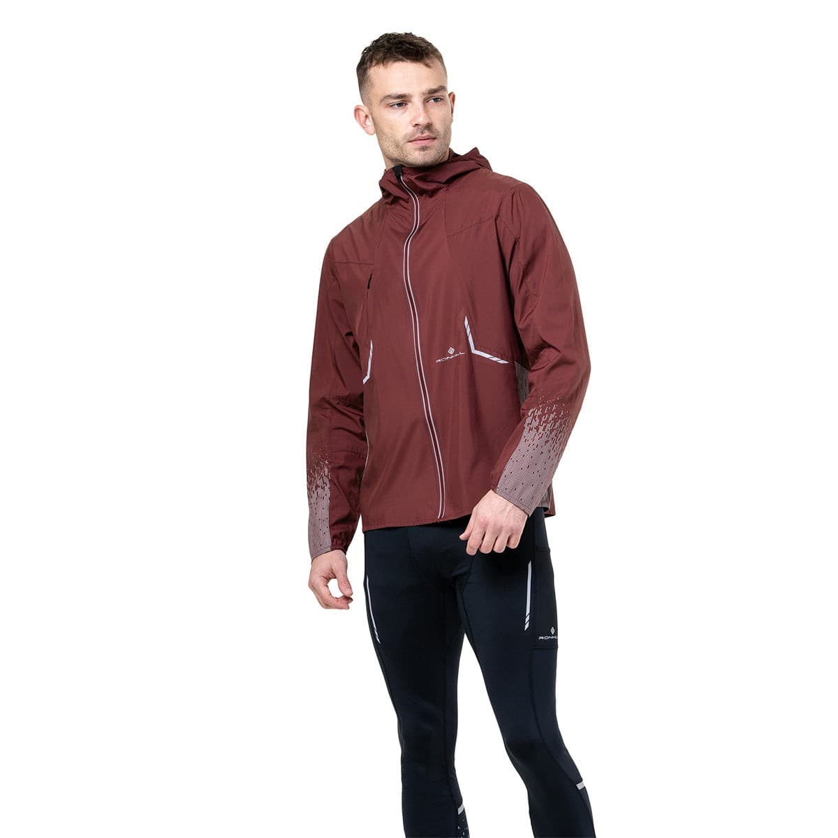 Ronhill Tech Reflect Jacket in Chestnut/Reflect, featuring a brown lightweight fabric, zip front, adjustable hood, and reflective detailing on sleeves for visibility.