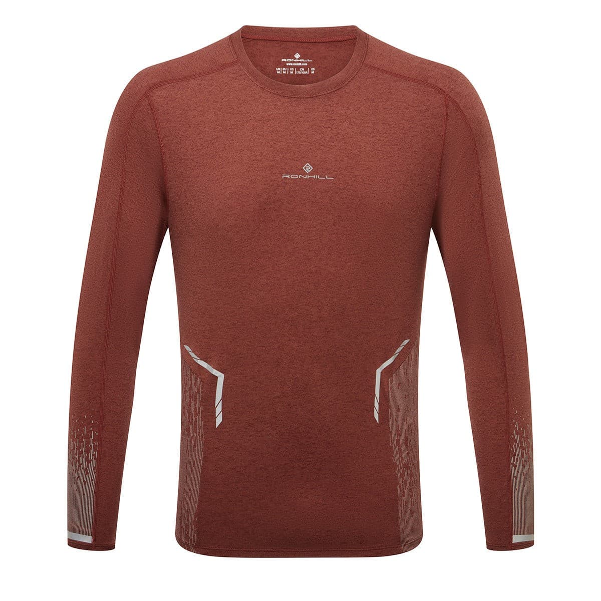 Long-sleeve men's running tee in chestnut marl with reflective detailing on the sides, made from lightweight, moisture-wicking material, size XL.