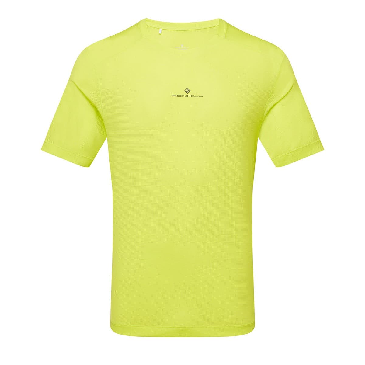 Bright acid yellow short sleeve tee made from lightweight material, featuring a round neckline and Ronhill logo on the chest, available in size XL.