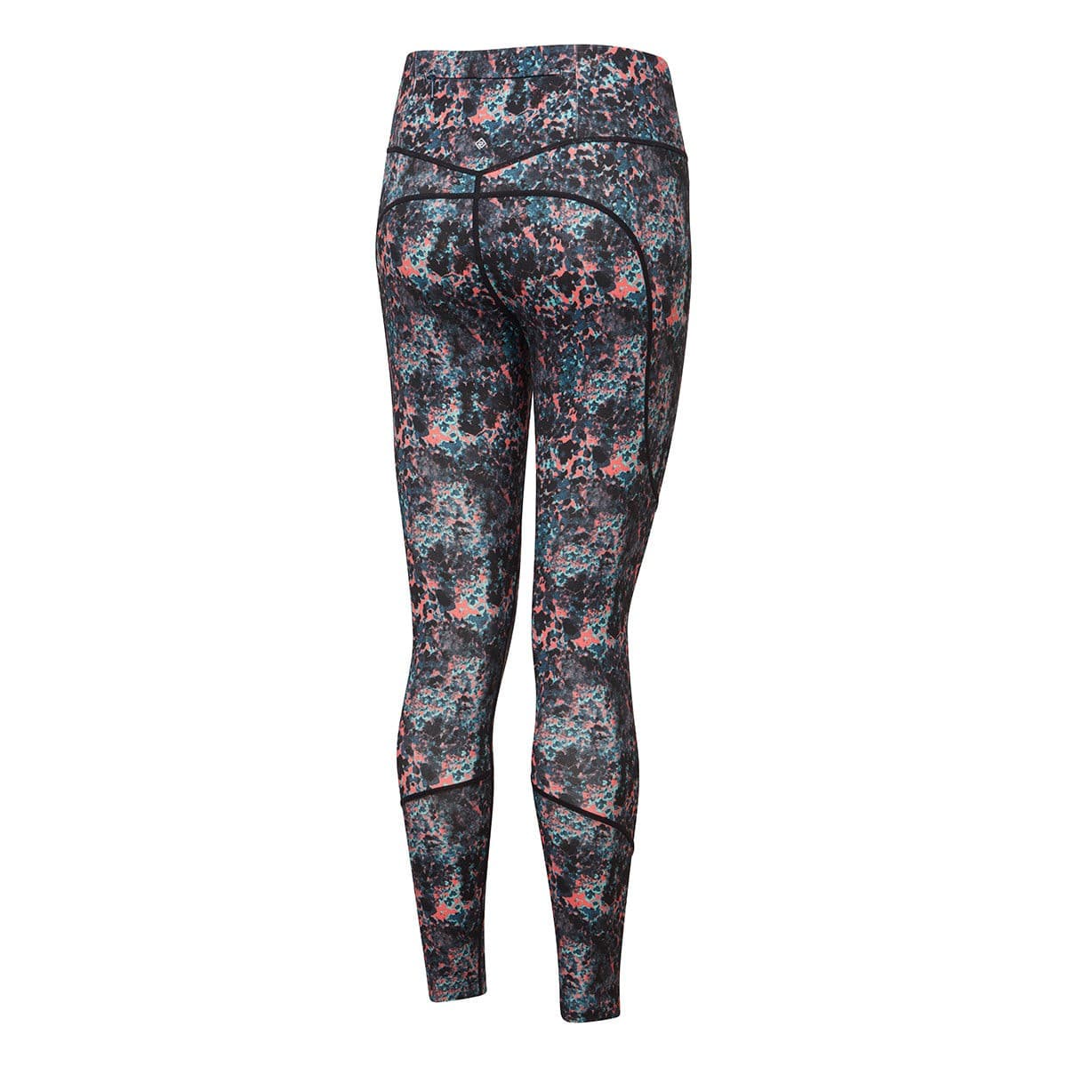 Women's Ronhill Tech Tight in Coralescent, featuring a vibrant multi-colored abstract pattern, made from stretchy material with a high waistband and sleek design.