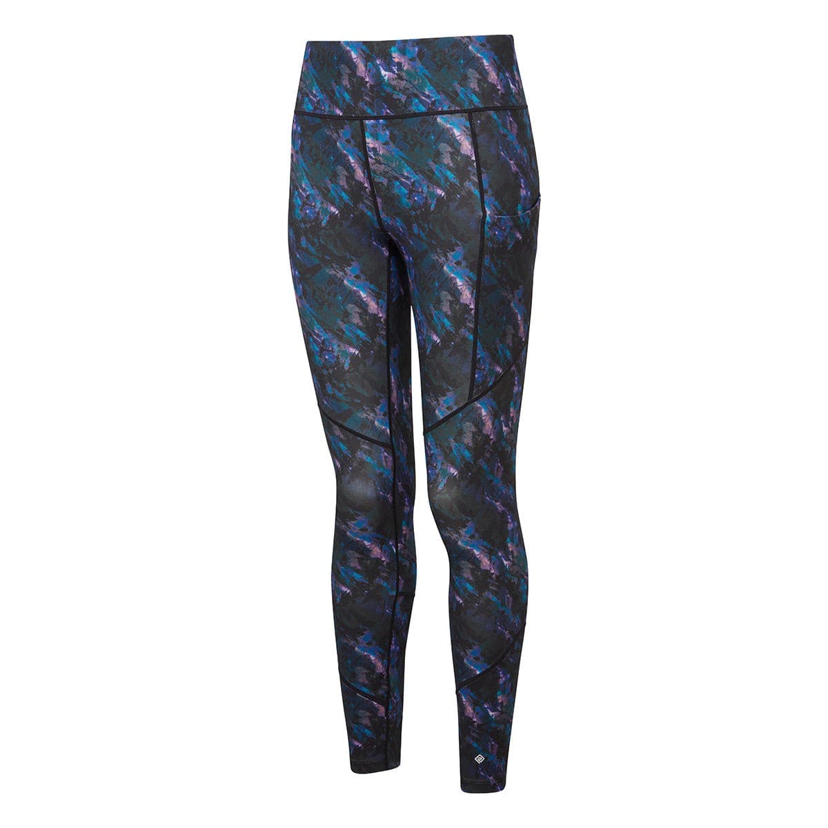 Ronhill Tech Tight in Cosmic Multi features a vibrant abstract pattern in blues, purples, and blacks, made from stretchy, breathable material, designed for women's active wear.