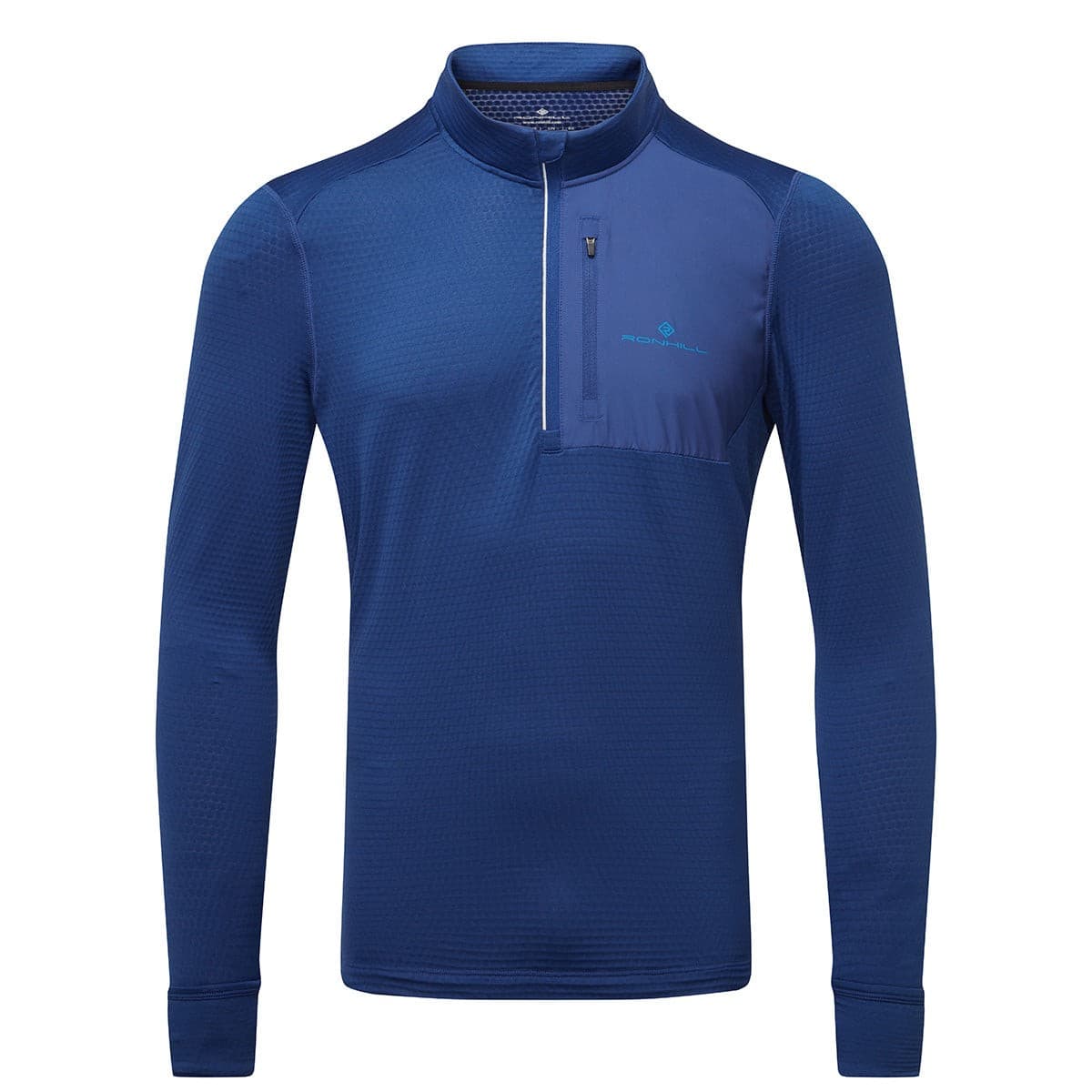 Long-sleeve men's half-zip top in ocean and electric blue, featuring a textured fabric, a zippered neck, and a chest pocket, size XL by Ronhill.