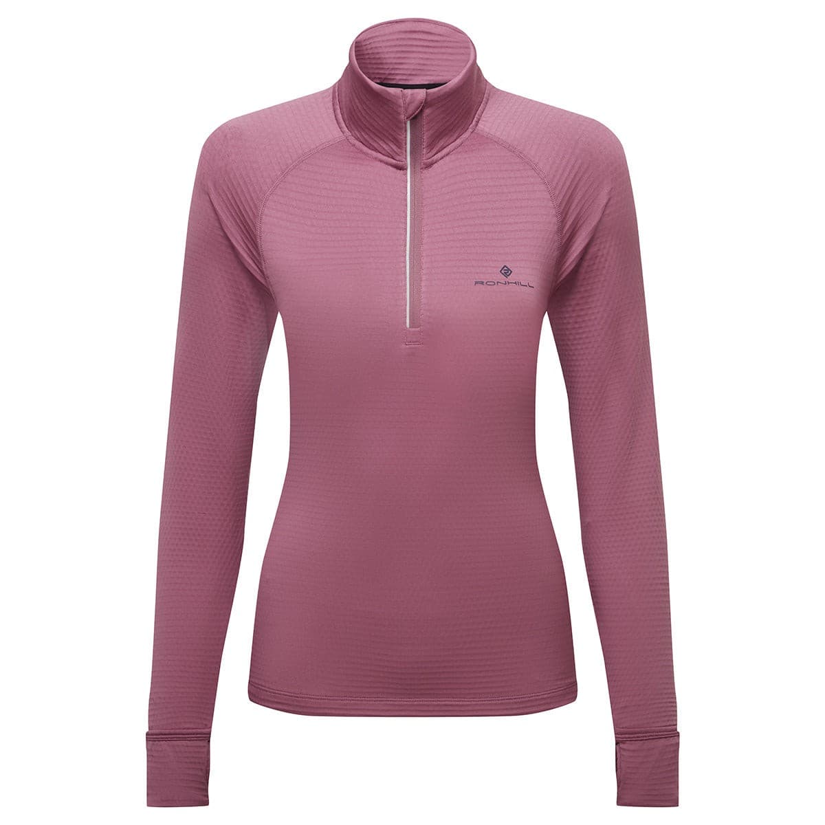 Dusty tulip and dark navy long-sleeve women's half-zip top by Ronhill, featuring a textured fabric, high collar, and a slim fit, size XL.