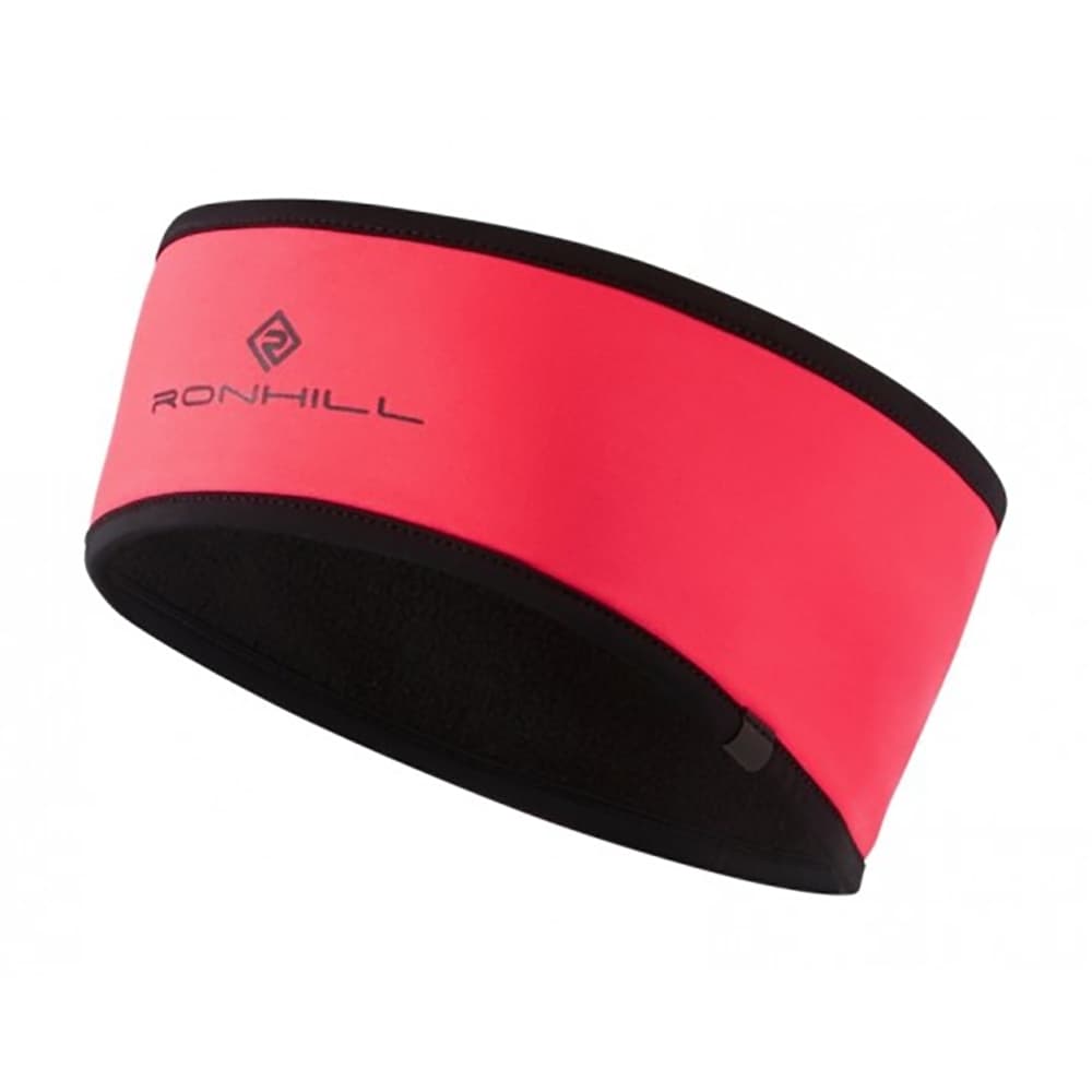Pink Ronhill Wind Block Headband in M/L size, featuring a sleek design with a black inner lining and logo, made from wind-resistant material for outdoor comfort.