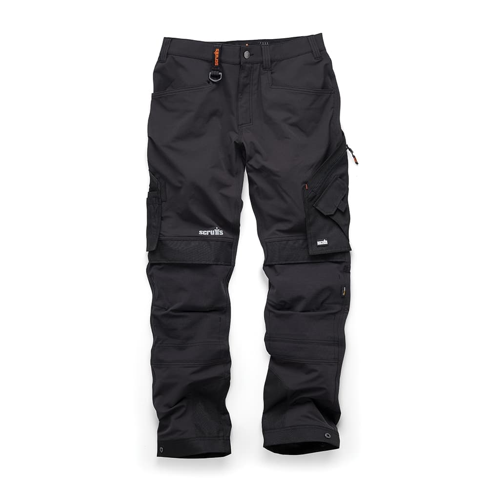Black Scruffs Pro Flex Plus Trousers featuring multiple pockets, reinforced knee panels, and an adjustable waistband, designed for durability and comfort in work environments.