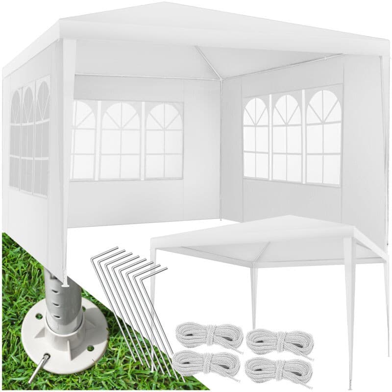 White 3x3m gazebo with three side panels featuring arched windows, made of durable fabric, includes stakes and ropes for secure setup on grass.