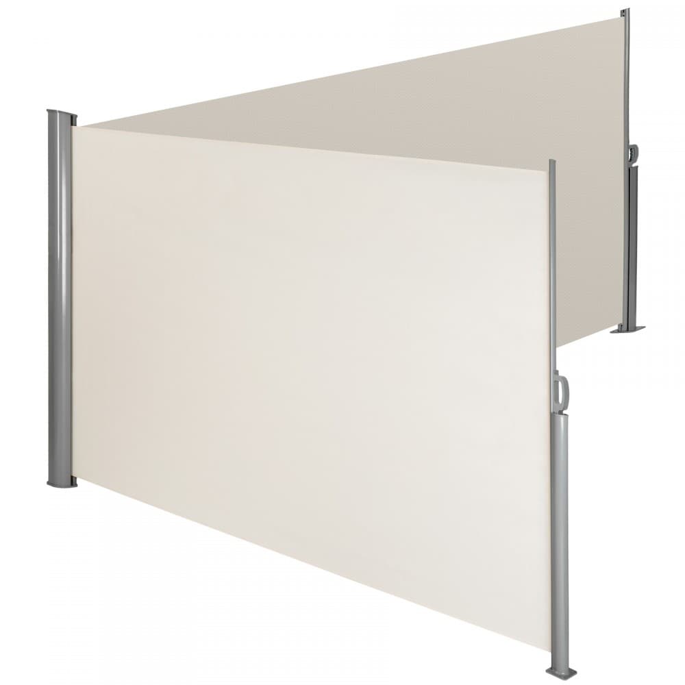 Double-sided garden privacy screen in cream with retractable awnings, featuring sturdy silver metal posts and a textured fabric surface for added privacy.
