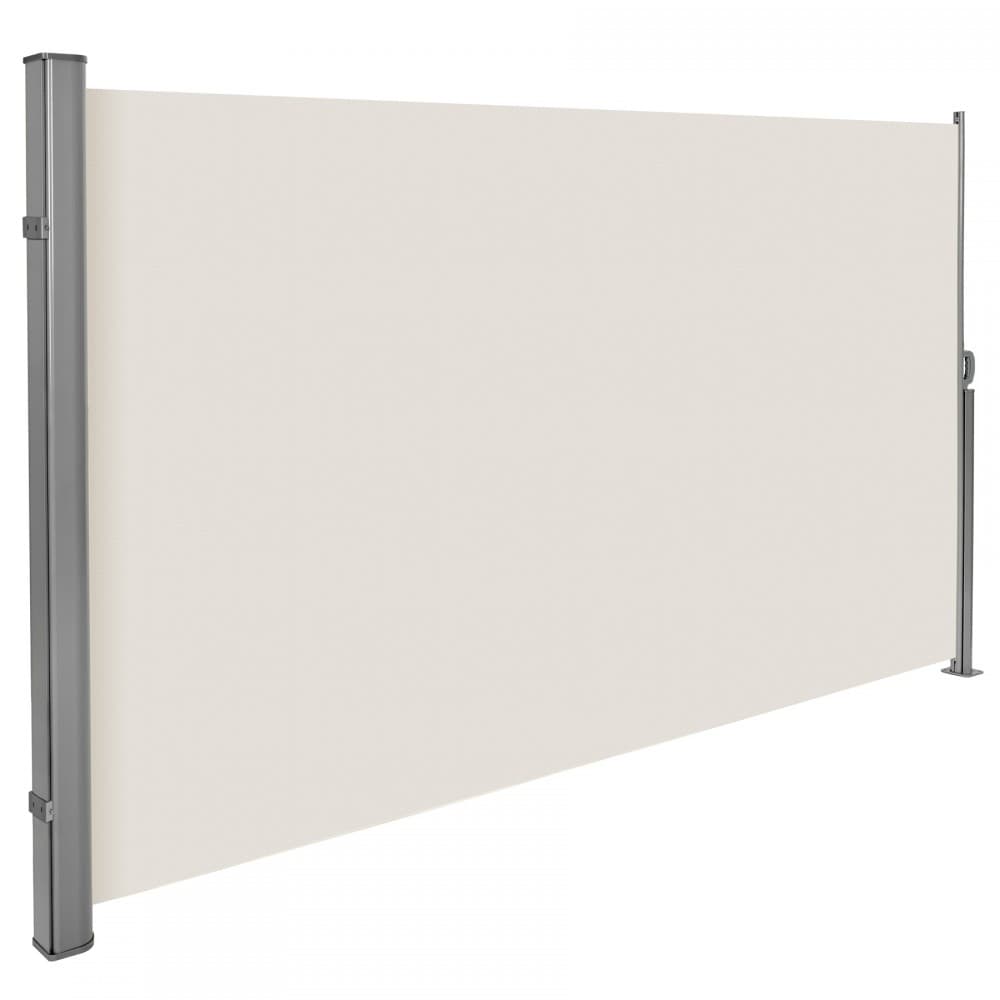 Cream-colored retractable garden privacy screen with a sturdy silver metal frame, designed for easy installation and enhanced outdoor privacy.