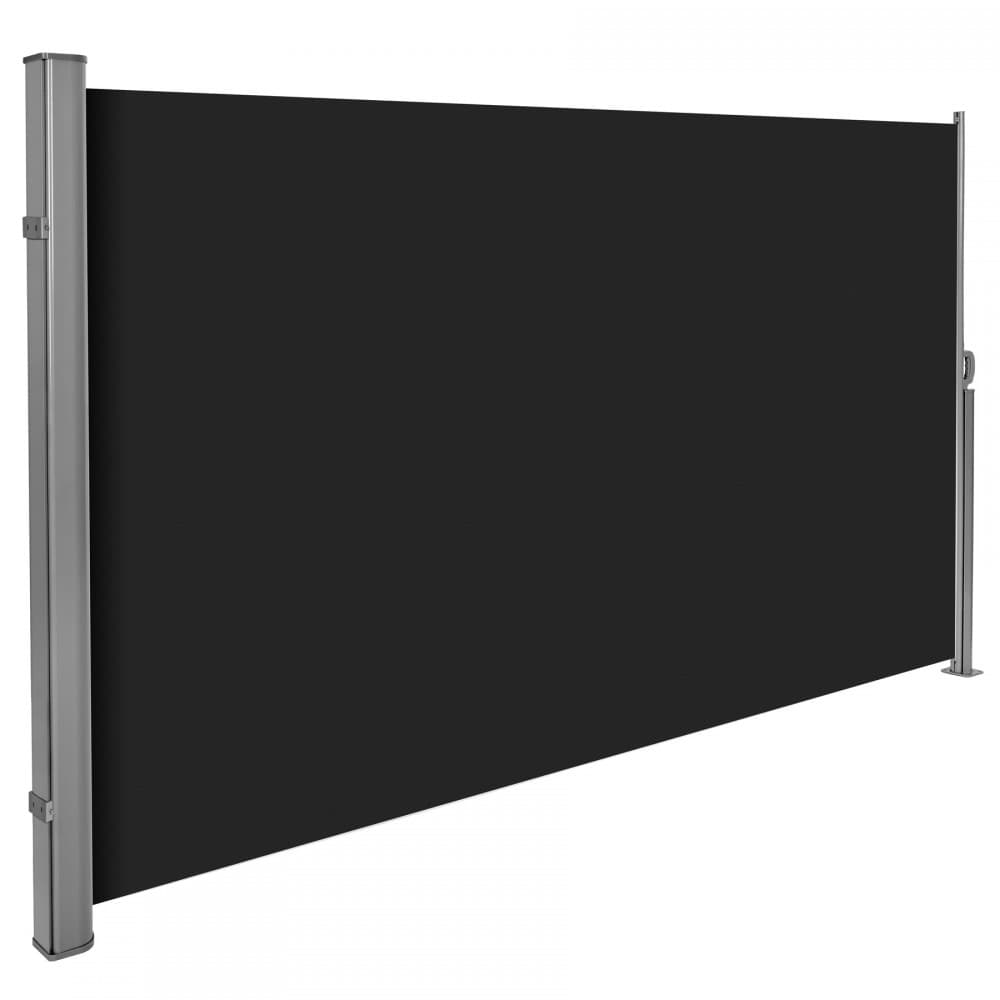 Black retractable garden privacy screen with a sleek aluminum frame, designed for outdoor use, providing a modern and stylish barrier.