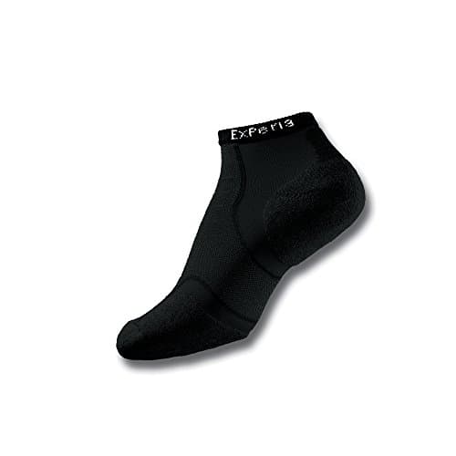 Solid black micro mini crew socks by Thorlos, designed for unisex wear, featuring cushioned support and a snug fit, suitable for shoe sizes 5.5-7.5.