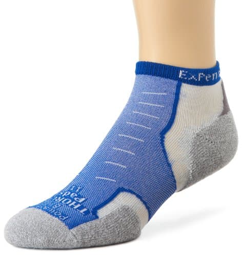 Royal blue cushioned running micro mini crew sock with gray accents, featuring a breathable design and ribbed cuff, suitable for unisex sizes 8-9.5 by Thorlos.