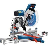 Bosch GCM 12 GDL mitre saw, blue and silver, with red accents, dual-bevel glide arm, and 1500W motor.