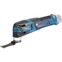 Bosch GOP 12V-28 Professional multi-cutter, blue and black, with red accents and oscillating blade attachment.