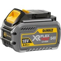 Dewalt XR FlexVolt battery, gray and yellow, 18/54V, 6.0/2.0Ah, with prominent branding and voltage details.