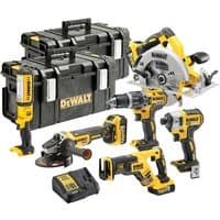 Dewalt 18V XR Brushless kit with drill, circular saw, grinder, impact driver, flashlight, and black tool case.