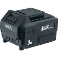 Black Draper D20 20V lithium-ion battery with 3.0Ah capacity, featuring a compact rectangular design and textured grip.