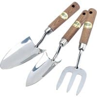 Stainless steel hand fork and trowels set with polished ash wood handles, featuring three gardening tools.
