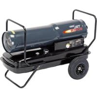 Draper Jet Force space heater, black with wheels, cylindrical body, control panel, and handlebar.