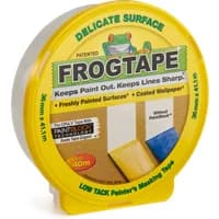 Yellow FrogTape Delicate Surface Masking Tape, 36mm x 41.1m, round container with frog logo.