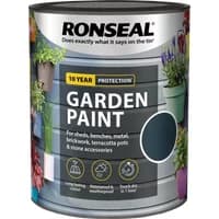 Ronseal Garden Paint 250ml can, sage color, for sheds, fences, brick, terracotta; label shows painted garden items.