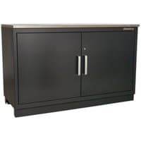 Black Sealey 2-door floor cabinet with silver handles and a flat top, heavy-duty design, 1550mm width.