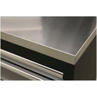 Stainless steel worktop with sleek finish, beveled edge, and dark base, measuring 2040mm by Sealey.