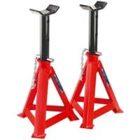 Red Sealey axle stands with black adjustable columns and safety chains, 10-tonne capacity each.