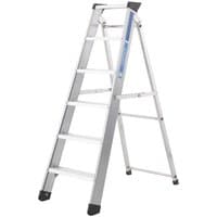 Aluminum Zarges 2.8m Class 1 Swingback Step Ladder with five wide treads and black rubber feet.