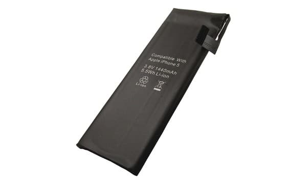 Black lithium-ion mobile phone battery compatible with Apple iPhone 5, featuring specifications printed on the surface, including voltage and capacity details.