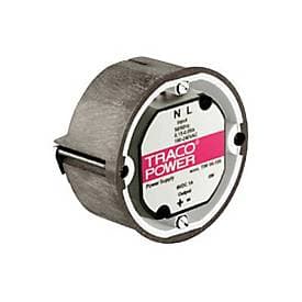 Compact round power supply unit with a metallic casing, featuring a pink and white label that includes the brand name "TRACO POWER" and specifications for voltage and current.