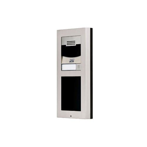 Silver and black intercom system accessory featuring a speaker grille, a call button, and a rectangular design, suitable for wall mounting.