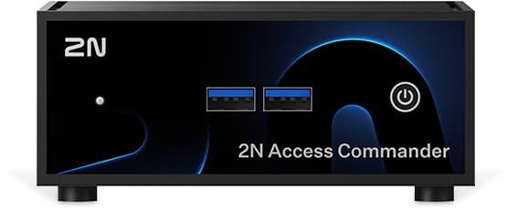 Compact black mini PC with a sleek design, featuring the 2N logo, two blue USB ports, and a power button, preloaded with Access Commander software.