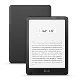 Black Kindle e-reader with front-lit display showing text, sleek design, and matte finish.